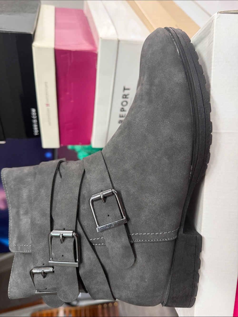 JustFab Gray Suede Buckle Ankle Boots